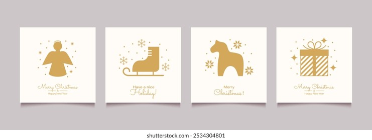 Set of Christmas and Happy New Year greeting cards, posters, holiday backgrounds.
Simple minimalist golden geometric elements. Flat vector illustration.
