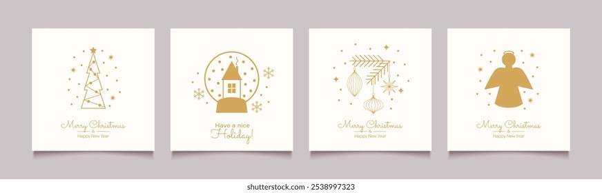 Set of Christmas and Happy New Year greeting cards, posters, holiday backgrounds.
Simple minimalist golden geometric illustrations. Flat vector illustration.
