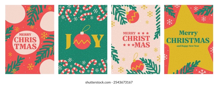 Set von Weihnachts- und Happy New Year Blumenkarte Vorlagen. Weihnachtskarten Design mit Ornamenten von Zweigen, Kugeln und Ornamenten. Modernes Kunstplakat, Flyer, Banner. Vektorgrafik