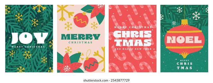 Set of Christmas and Happy New Year Floral Card templates. Christmas cards design with ornaments of branches, balls and ornaments. Modern minimal art poster, flyer, banner. Vector Illustration