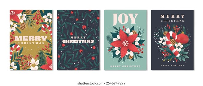 Set of Christmas and Happy New Year Floral Card templates. Christmas cards design with ornaments of branches, berries and leaves. Vector Illustration