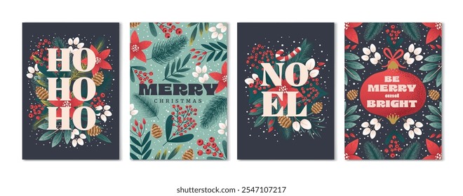 Conjunto de Navidades y feliz año Nuevo Plantillas de tarjeta floral. Diseño de tarjetas de Navidad con adornos de ramas, bayas y hojas. Ilustración vectorial