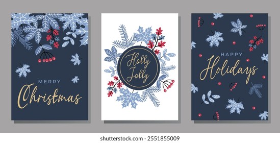 Set of Christmas and Happy New Year greeting cards with handwritten calligraphy and hand drawn decorative elements with christmas floral desoration. Vector illustration.