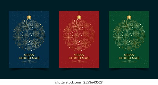 Set of christmas and happy new year luxury greeting cards with golden christmas snowball with snowflakes ornament art decoration