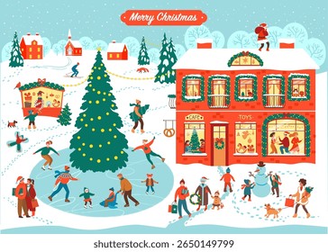 Set of Christmas and Happy New Year illustrations. Trendy retro style. Vector design banner. Wimmelbook style. Advent calendar image