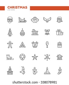 Set of Christmas and Happy New Year line flat design vector icons