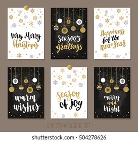 Set Christmas and Happy New Year sale and giveaway cards with handwritten brush calligraphy and decorative elements. Decorative vector illustration for winter invitations, cards, posters and flyers.