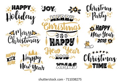 Set of Christmas and Happy New Year lettering designs. Vector elements for card, poster, flyer, web and other users.