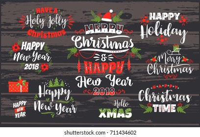 Set of Christmas and Happy New Year lettering designs in traditional colors on wood texture. Vector elements for card, poster, flyer, web and other users.