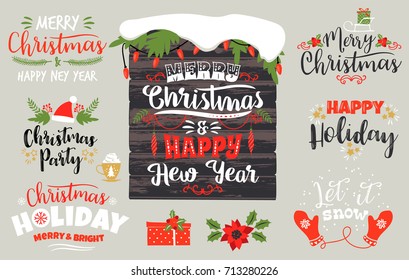 Set of Christmas and Happy New Year lettering designs in traditional colors. Vector elements for card, poster, flyer, web and other users.