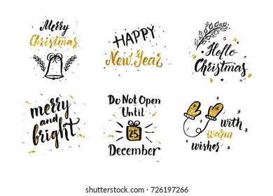 Set of Christmas and Happy New Year greeting cards with handwritten ink brush calligraphy and decorative elements. Vector illustration.