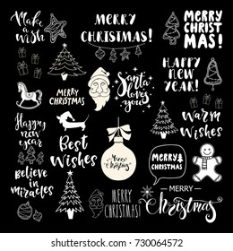 Set of Christmas and Happy New Year lettering and hand drawn holiday symbols. Design element for holiday greeting cards, posters, decoration. 