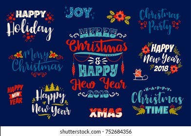 Set of Christmas and Happy New Year lettering designs. Vector elements for card, poster, flyer, web and other users.