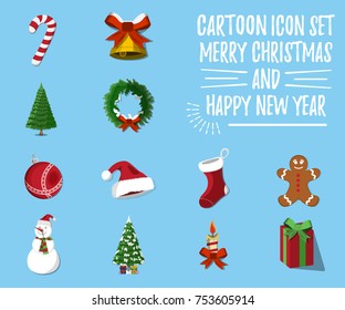 Set of Christmas and Happy New Year .12 label, XMas icon. Cartoon style. Vector Illustration.