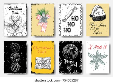 Set Christmas and Happy New Year greeting cards with handwritten brush calligraphy and decorative elements. Decorative illustration for winter invitations, cards, posters and flyers. Vector.