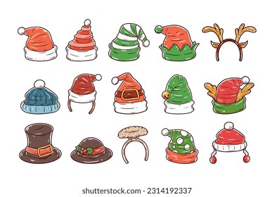 Set of christmas hat hand-drawn illustration, santa hat, headband accessories.