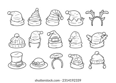 Set of christmas hat outline sketch hand-drawn illustration, santa hat, headband accessories.