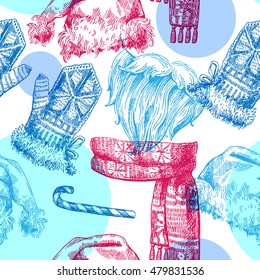 Set of Christmas hat, scarf and mittens. Beautiful hand-drawn sketch style illustration. Use for postcards, new year design, invitations, posters.