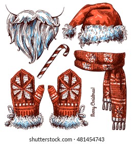 Set of Christmas hat, scarf and mittens. Beautiful hand-drawn sketch style illustration. Use for postcards, new year design, invitations, posters.