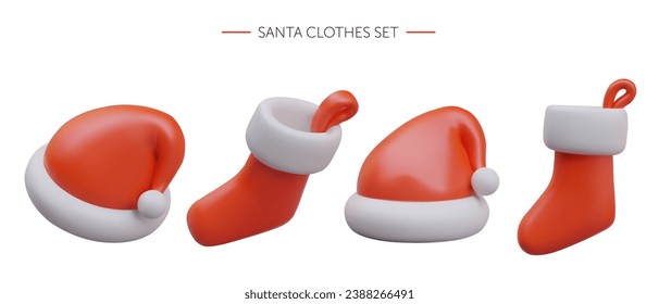 Set of Christmas hat and sock on white background and place for text. Collection for winter holiday in red colors. Vector illustration in 3d realistic style