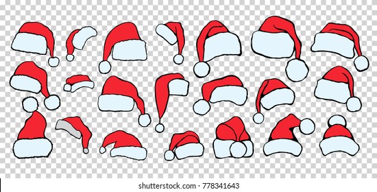 set Christmas hats and beard of Santa Claus. Hand drawn illustration isolated