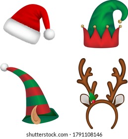 Set of christmas hats. Santa claus hat, elf hats and reindeer horns headband