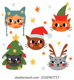 Set Christmas head cats. Collection cute kitten in Christmas costume. Happy new year elements. Vector winter cartoon illustration for print.