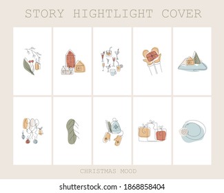 Set of Christmas Highlights story cover, New Year and winter, modern minimalist art, trend . Fashion illustrations vector,  One line and color shape art
