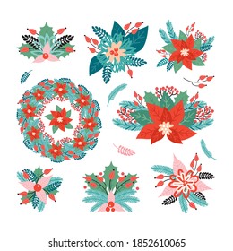 Set Christmas holiday arrangements made of plant decorative elements. Merry Christmas and happy new year. Poinsettia, Needles, flowers, leaves, berries, spruce branch. Illustration in retro style