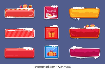 Set of Christmas holiday badges with presents and stars in square and rectangle frames witn snow isolated on liliac background vector illustration