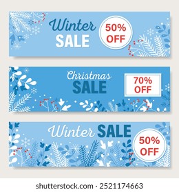 Set of Christmas holiday banners for winter sale. Blue holiday backgrounds with snowy landscape. Vector.