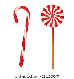 set with Christmas holiday candy, caramel candy on a stick and candy stick