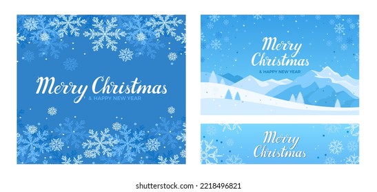 Set of Christmas holiday cards. Winter backgrounds with snowflakes and snow landscape.