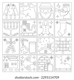 Set of Christmas holiday Christianity kids activity coloring pages outline drawing illustration