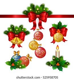 Set of Christmas holiday decorations. Decoration from tree branches, Christmas star, Holly, balls and Golden bells with red ribbon. Vector illustration