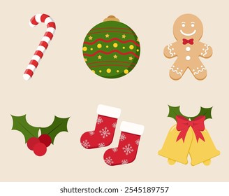 Set of christmas holiday elements with candy cane, decoration ball, gingerbread, holly berries, christmas socks, and bells. Vector illustration colorful christmas elements.