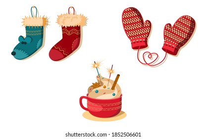 Set of christmas holiday elements cocoa cup, socks, mittens.