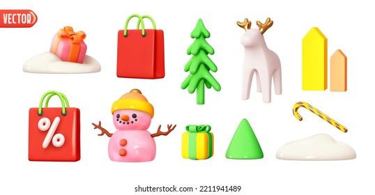 Set of Christmas holiday elements for design. Christmas trees, snowdrift, gift box, snowman, shopping bag, white deer, houses, candy. Realistic 3d object in cartoon plastic style. vector illustration