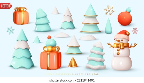 Set of Christmas holiday elements for design. Christmas trees blue white color, snowdrift, gift box, snowman, bauble ball, snowflakes. Realistic 3d object in cartoon plastic style. vector illustration