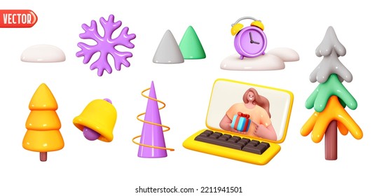 Conjunto de elementos navideños para el diseño. Árboles de Navidad, laptop con pantalla de chica, deriva de nieve, despertador con campana, copos de nieve. Objeto 3d realista al estilo de plástico de dibujos animados. ilustración vectorial