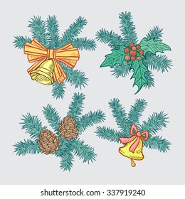 Set of Christmas holiday elements - fir-tree branches with bows, bells, pine cones and leaves