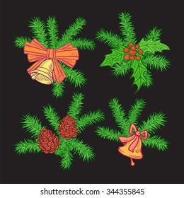 Set of Christmas holiday elements - fir-tree branches with bows, bells, pine cones and leaves