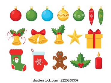 Set of Christmas holiday elements isolated on white background. Decoration for festive design. Traditional New Year and Christmas simbols. Vector illustrations.