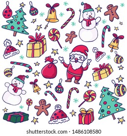 Set of Christmas holiday elements. Santa Claus, snowman, spruce, toys, gifts, cookie. vector illustration isolated on white background