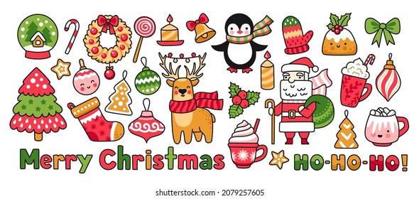 Set of christmas and holiday elements: santa claus, deer, gingerbread cookies, candles, tree. Winter season collection for greeting card, stickers, prints, wrapping paper. Vector cartoon illustration.