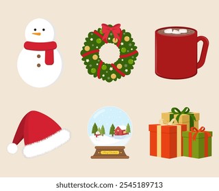 Conjunto de Elementos navideños con muñeco de nieve, corona, chocolate caliente, sombrero de santa, bola de nieve y regalos. Ilustración vectorial coloridos Elementos de Navidad.