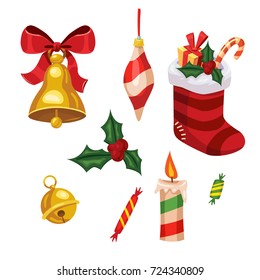 Set of Christmas holiday elements: sock with gifts, holly berry, flaming candle, candies, jingle bell, Christmas balls, small gold round bell. Isolated collection on white background