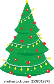Set Christmas Holiday Fir Trees with Decorations, Stars and Snow Isolated on White Background. Vector