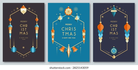 Set of Christmas holiday flat frames with tree toys, baubles, knick knacks, decorations. Christmas greeting card design. Vector illustration.