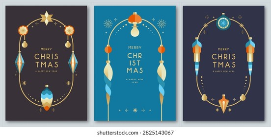 Set of Christmas holiday flat frames with tree toys, baubles, knick knacks, decorations. Christmas greeting card design. Vector illustration.
